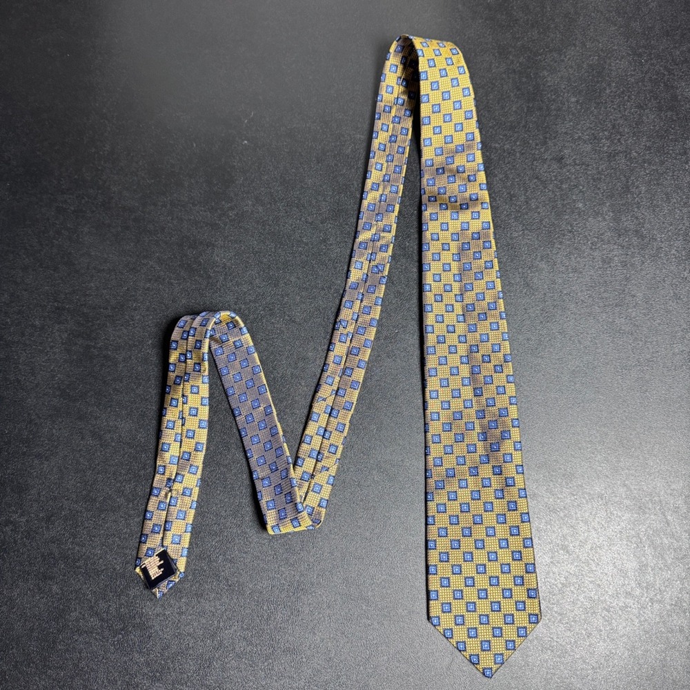 Brooks Brothers Necktie Mens OS Gold Blue Geometric Square Silk Blend Classic